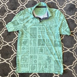 Sunday Crew golf polo Sz large tiki print mint green, grey UV50 protection